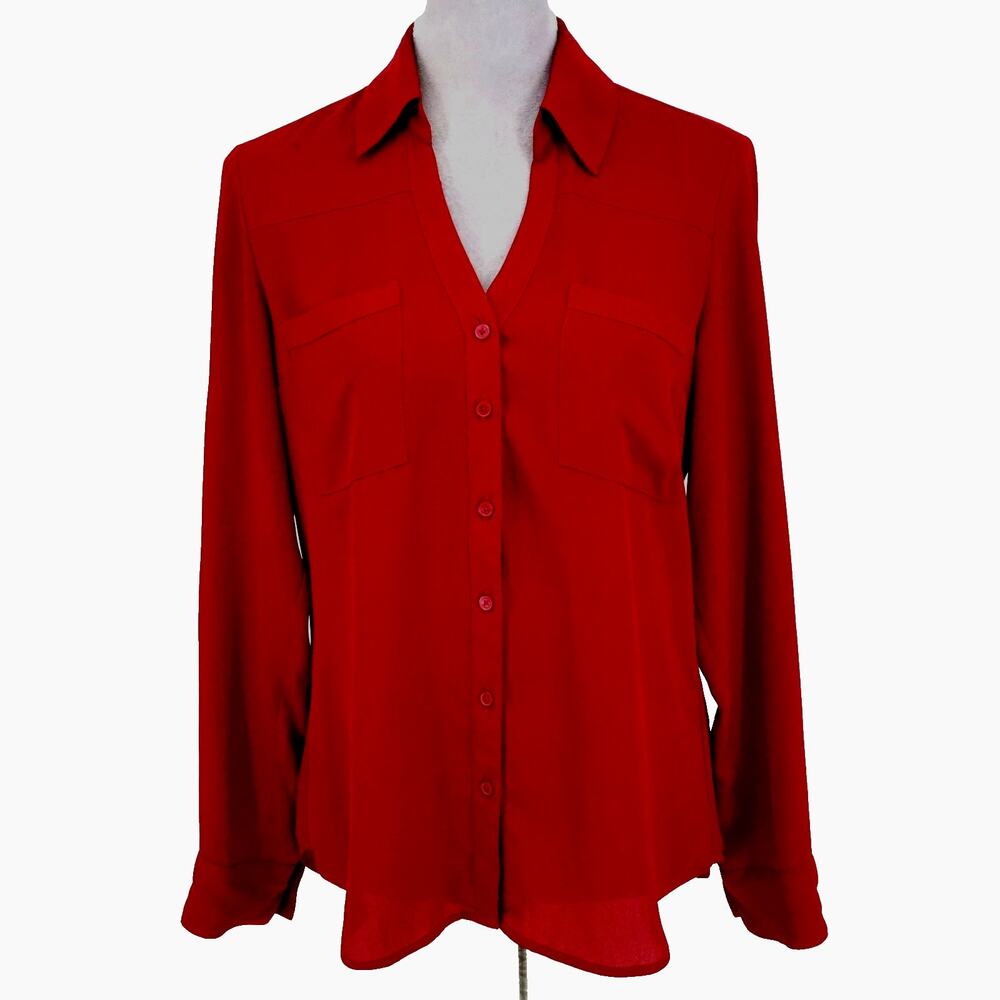 Express Top Womens Small Burgundy The Portofino Shirt Chiffon Blouse Roll Tab Sl